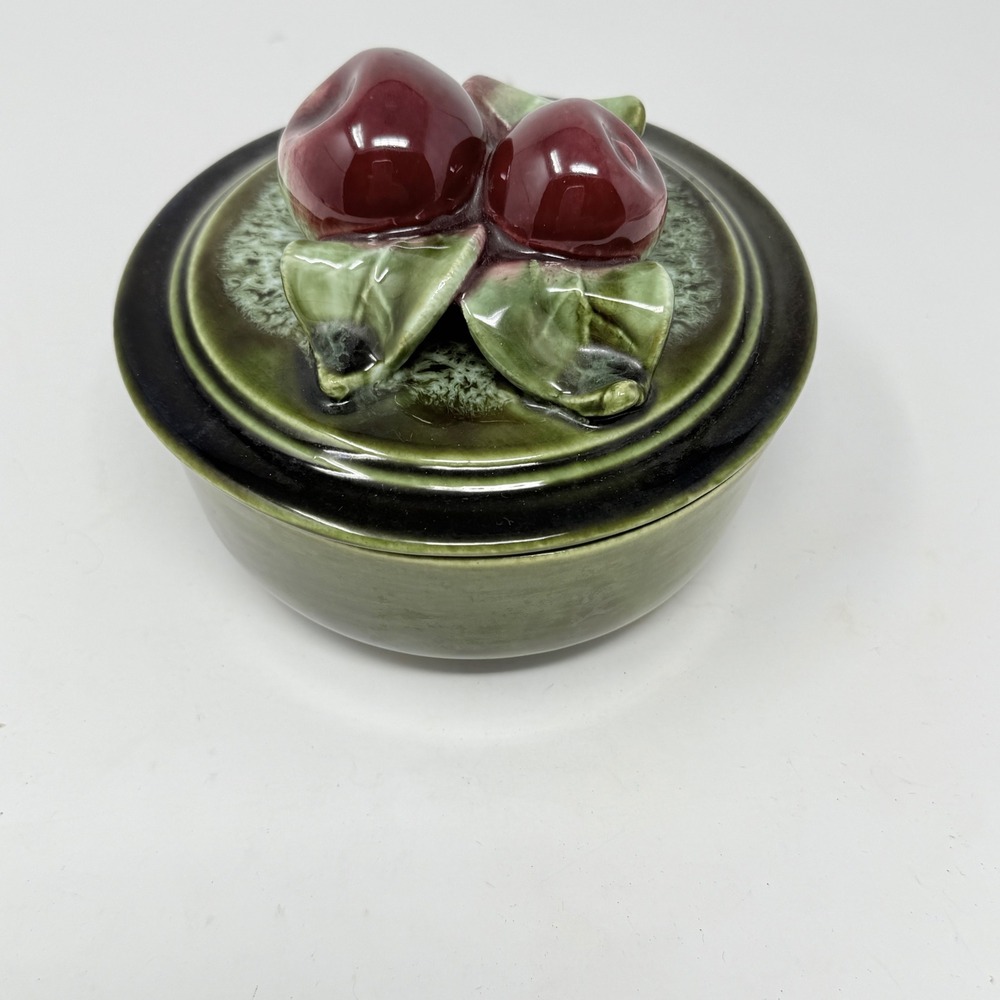 Vintage Wade Of California Pottery Green Drip Glaze Apple Covered Lid Dish #202